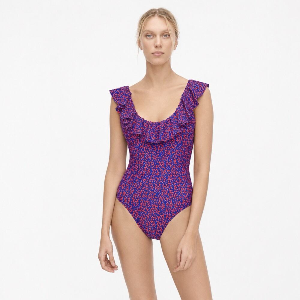 J Crew Liberty Glen Jade Floral One Piece Swimsuit Size 0 Ruffle Blue Red